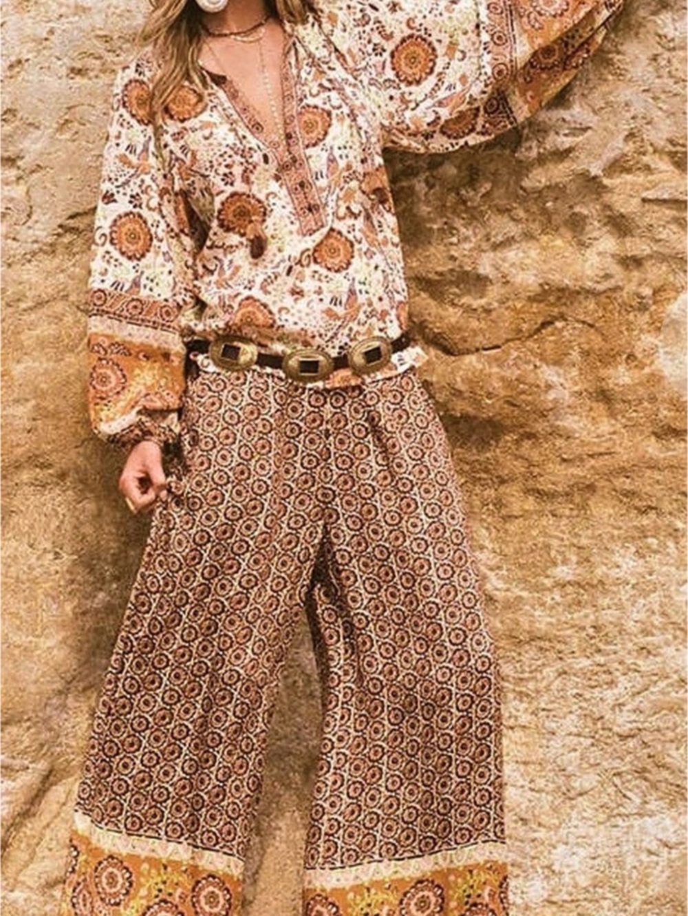 Spell Wide Leg Printed Pants in Brown Size Small